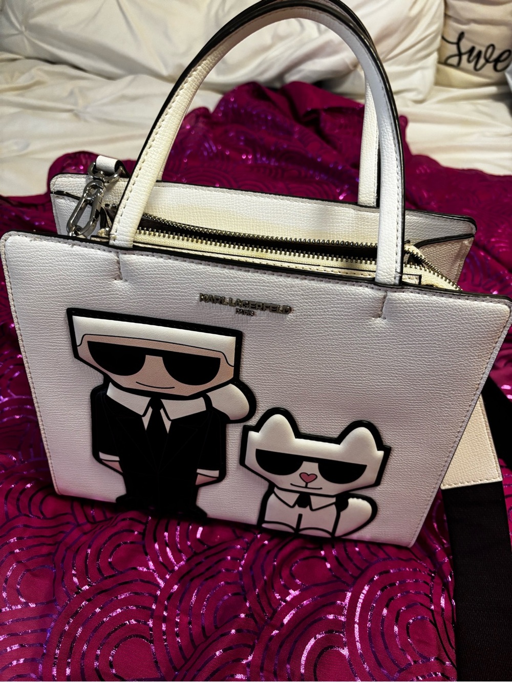 Karl Lagerfeld White Icon Patch Satchel with Black Accents
